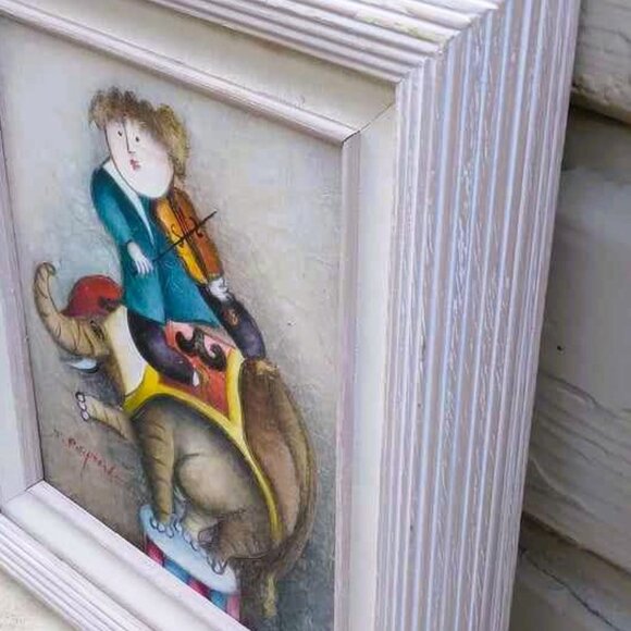 Signed J Roybal Whimsical Violinist on an Elephant Painting Framed - Picture 4 of 11